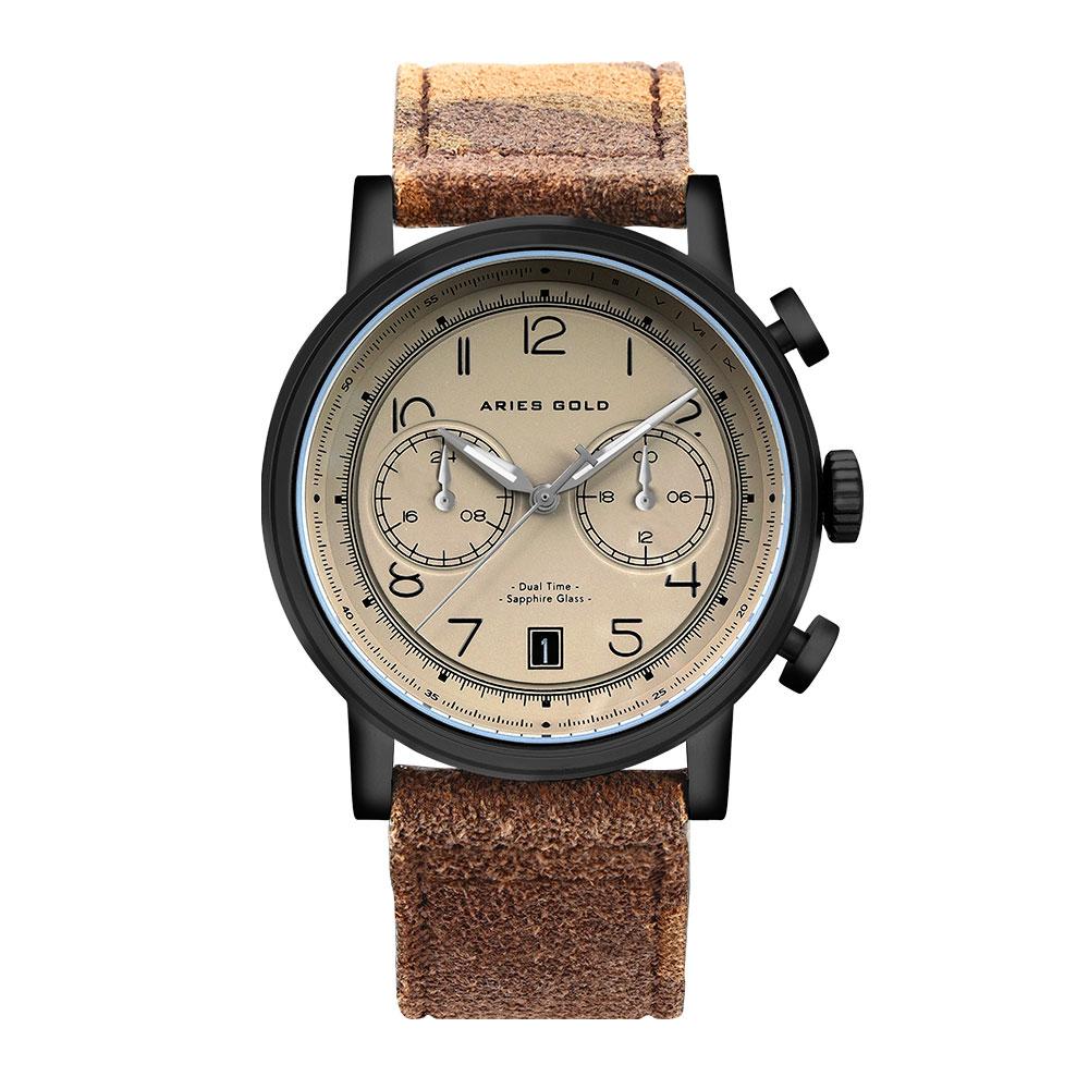 ARIES GOLD URBAN JOURNEY BLACK STAINLESS STEEL G 1025 BK-KHA CAMO KHAKI BROWN LEATHER STRAP MEN'S WATCH